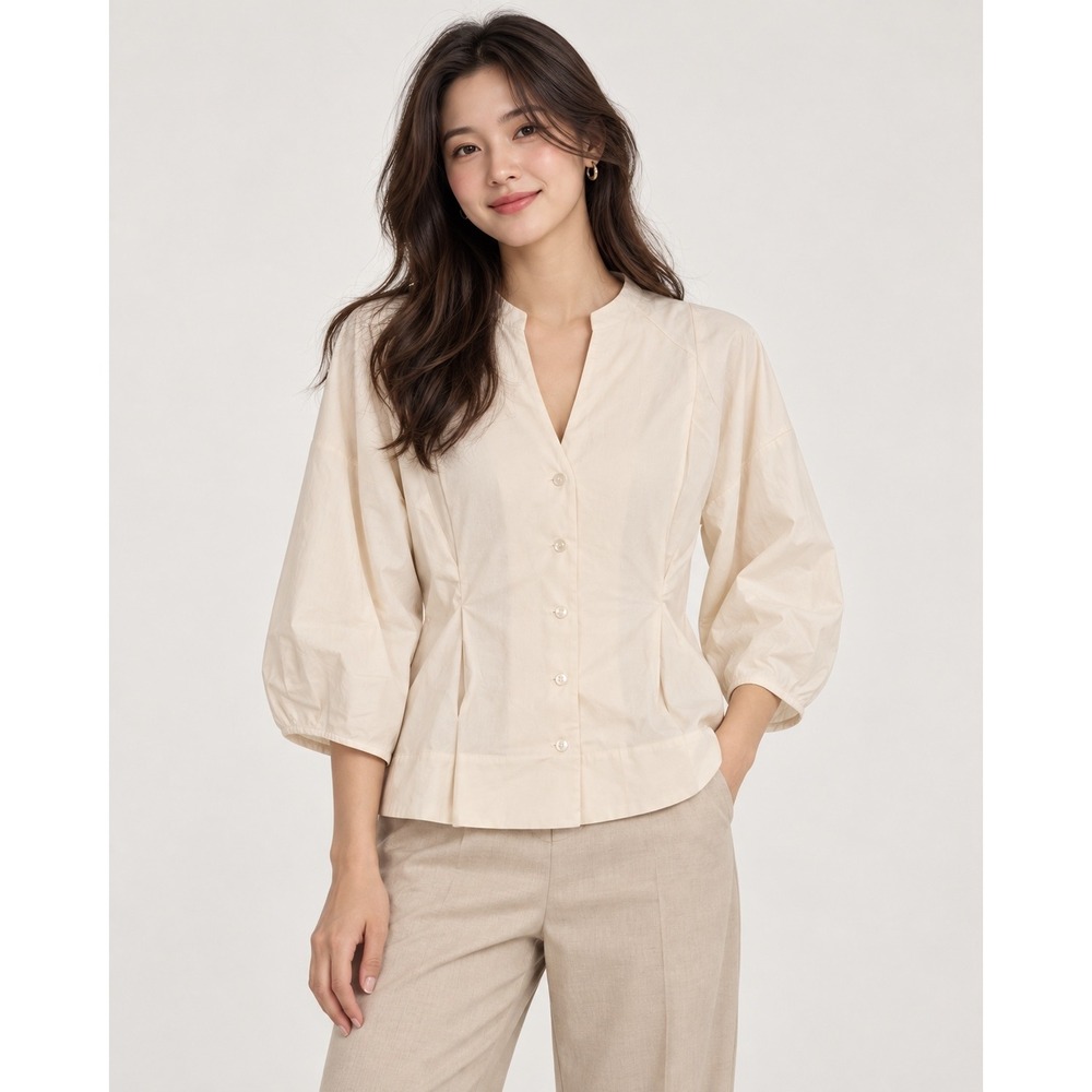 Banana Republic Womens XL Cream Cotton Puff Sleeve Pleated Button Front Blouse